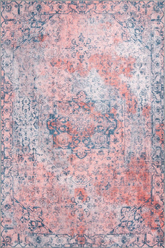 Pink Ethnic Area Rug - Washable Non Slip Cotton Area Rug with Soft Microfiber