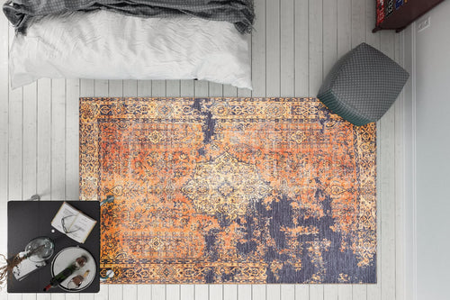 Digital Print Area Rug – Orange Medallion Cotton Washable Non Slip Carpet