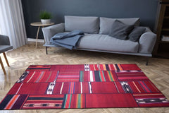 Patchwork Area Rug - Washable Non Slip Cotton Red Carpet for Living Room