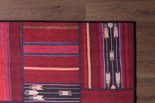 Patchwork Area Rug - Washable Non Slip Cotton Red Carpet for Living Room