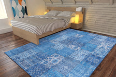 Blue Patchwork Area Rug – Washable Non Slip Cotton Microfiber Carpet