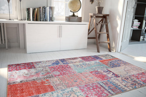 Red Patchwork Area Rug - Washable Non Slip Cotton Microfiber Carpet for Living Room
