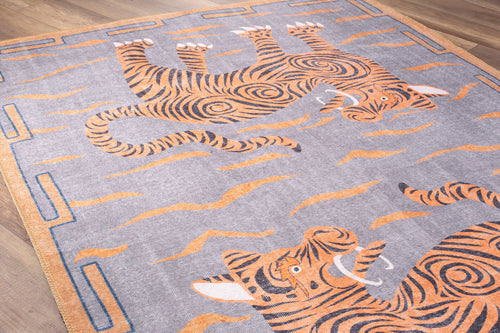 Digital Print Area Rug - Washable Non Slip Cotton Animal Print Orange Decorative Rug
