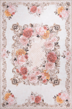 Beige Floral Area Rug – Washable Non Slip Cotton Microfiber Carpet for Living Room