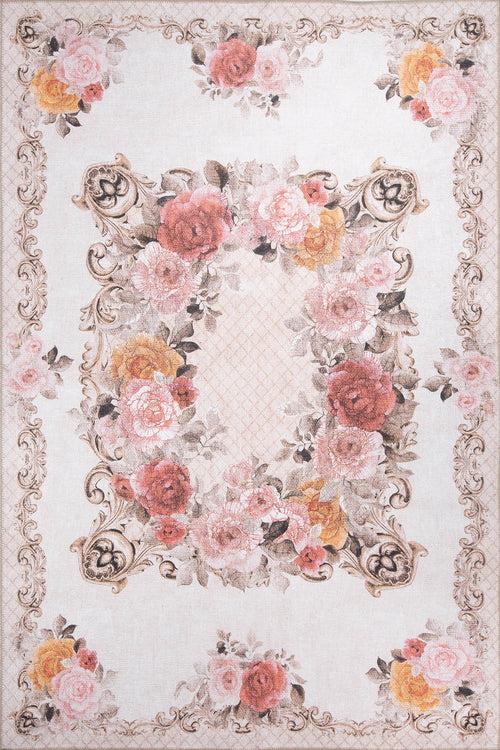Beige Floral Area Rug – Washable Non Slip Cotton Microfiber Carpet for Living Room