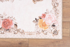 Beige Floral Area Rug – Washable Non Slip Cotton Microfiber Carpet for Living Room