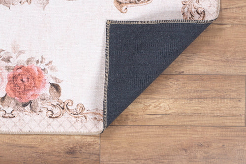 Beige Floral Area Rug – Washable Non Slip Cotton Microfiber Carpet for Living Room