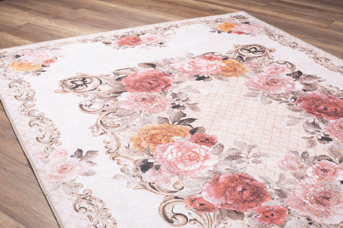 Beige Floral Area Rug – Washable Non Slip Cotton Microfiber Carpet for Living Room