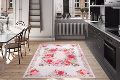 Beige Floral Area Rug | Washable Non Slip Microfiber Floor Mat with Floral Pattern