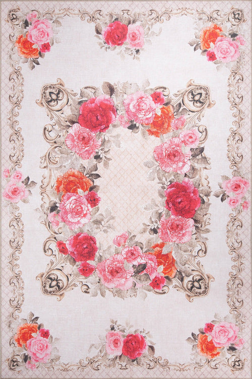 Beige Floral Area Rug | Washable Non Slip Microfiber Floor Mat with Floral Pattern