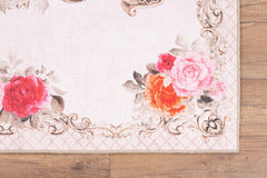 Beige Floral Area Rug | Washable Non Slip Microfiber Floor Mat with Floral Pattern