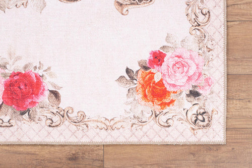 Beige Floral Area Rug | Washable Non Slip Microfiber Floor Mat with Floral Pattern