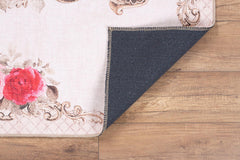 Beige Floral Area Rug | Washable Non Slip Microfiber Floor Mat with Floral Pattern