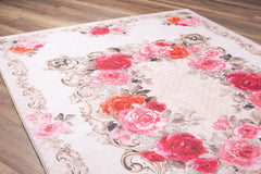 Beige Floral Area Rug | Washable Non Slip Microfiber Floor Mat with Floral Pattern