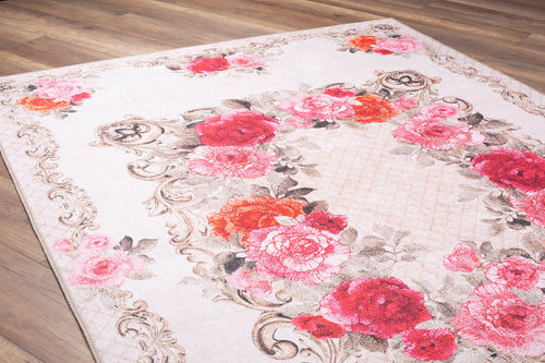 Beige Floral Area Rug | Washable Non Slip Microfiber Floor Mat with Floral Pattern
