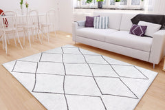 White Geometric Area Rug - Washable Non Slip Cotton Area Rug with Soft Microfiber