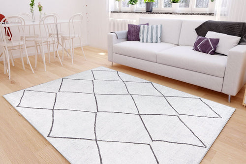 White Geometric Area Rug - Washable Non Slip Cotton Area Rug with Soft Microfiber