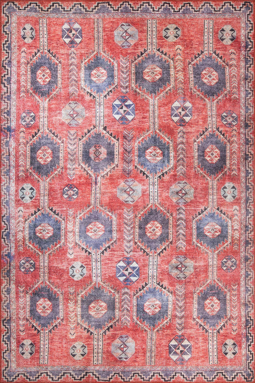 Red Tribal Area Rug - Washable Non Slip Cotton Floor Covering With Thick Woven Soft Microfiber