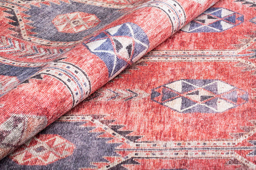 Red Tribal Area Rug - Washable Non Slip Cotton Floor Covering With Thick Woven Soft Microfiber