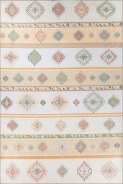 Ethnic Cotton Area Rug – Beige Machine Made Washable Non Slip Carpet