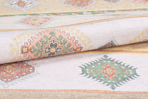 Ethnic Cotton Area Rug – Beige Machine Made Washable Non Slip Carpet