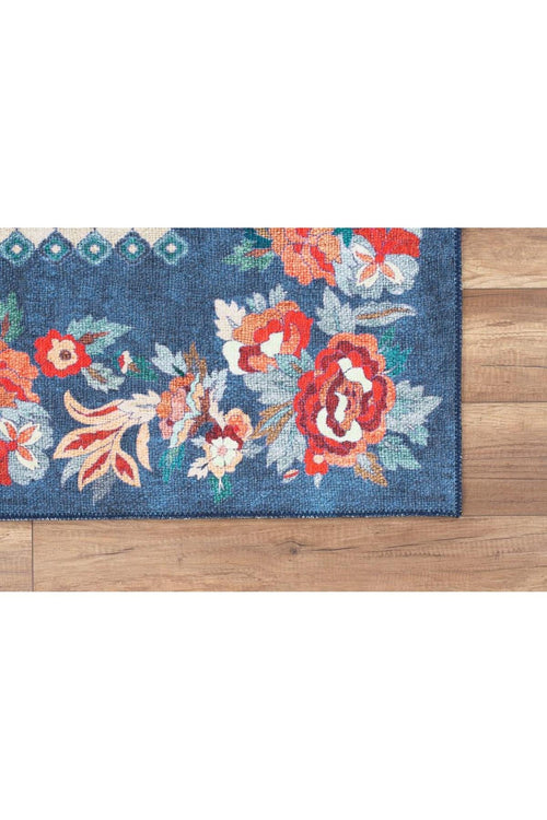 Blue Floral Area Rug – Washable Non Slip Soft Microfiber Carpet for Living Room