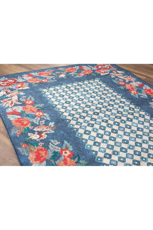 Blue Floral Area Rug – Washable Non Slip Soft Microfiber Carpet for Living Room