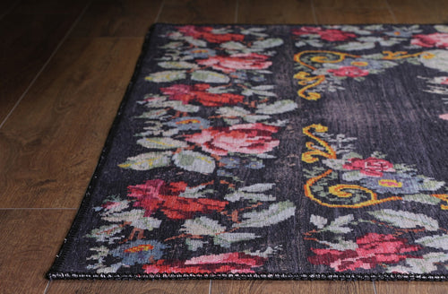 Black Floral Area Rug – Washable Non Slip Cotton Floral Pattern Carpet