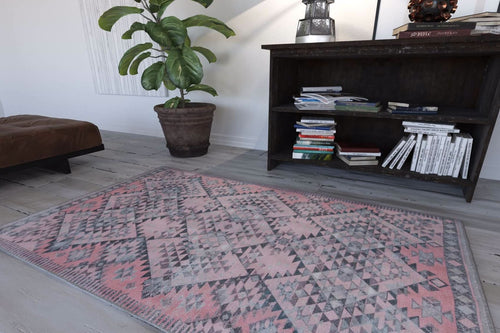 Pink Geometric Area Rug | Washable Non Slip Soft Microfiber Carpet with Thick Plush
