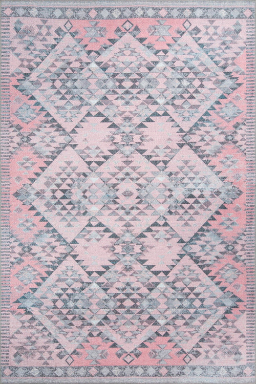Pink Geometric Area Rug | Washable Non Slip Soft Microfiber Carpet with Thick Plush