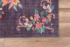 Digital Print Area Rug - Anthracite Floral Cotton Washable Non Slip Rug