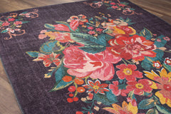 Digital Print Area Rug - Anthracite Floral Cotton Washable Non Slip Rug