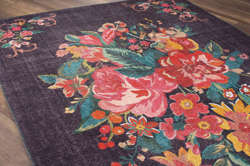 Digital Print Area Rug - Anthracite Floral Cotton Washable Non Slip Rug