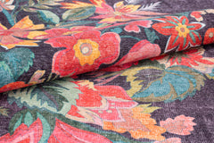 Digital Print Area Rug - Anthracite Floral Cotton Washable Non Slip Rug