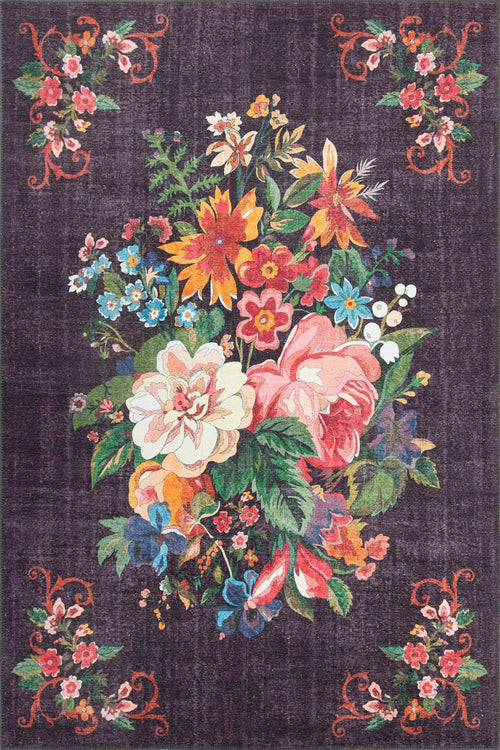 Digital Print Area Rug – Washable Non Slip Floral Black Cotton Carpet