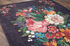 Digital Print Area Rug – Washable Non Slip Floral Black Cotton Carpet