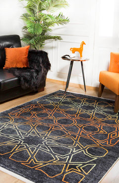 Geometric Area Rug – Anthracite Digital Print Non Slip Carpet for Living Room