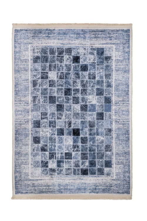 Blue Geometric Area Rug - Cotton Chenille Digital Print Carpet for Living Room