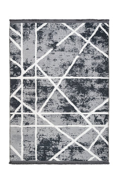Geometric Area Rug - Black Grey Cotton Chenille Digital Print Carpet for Living Room