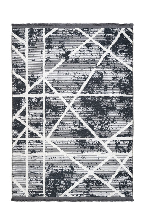 Geometric Area Rug - Black Grey Cotton Chenille Digital Print Carpet for Living Room