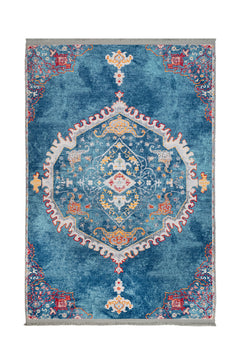 Classic Cotton Area Rug – Blue Chenille Digital Print Rug with Soft Texture