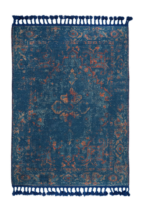 Vintage Navy Area Rug - Cotton Chenille Digital Print Carpet for Living Room