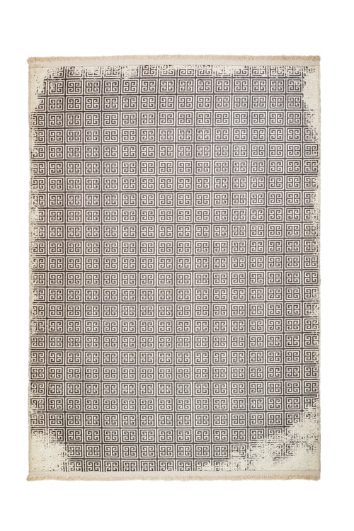 Beige Geometric Area Rug - Cotton Chenille Digital Print Carpet for Living Room