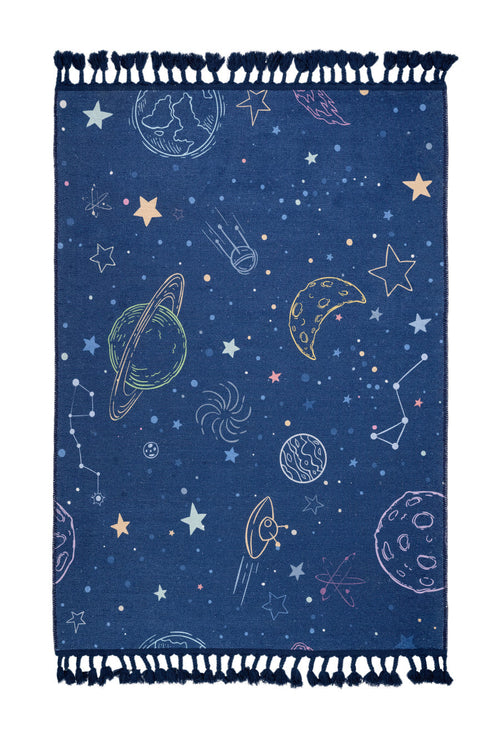 Kids Cotton Rug - Navy Blue Figured Chenille Digital Print Carpet by Pia Monte