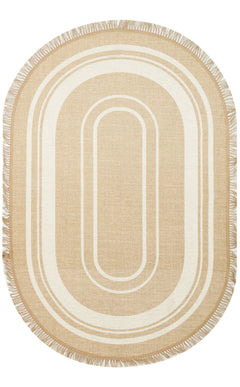 Oval Cotton Kilim - Modern Striped Cream Rug | Non Slip Flatweave Carpet