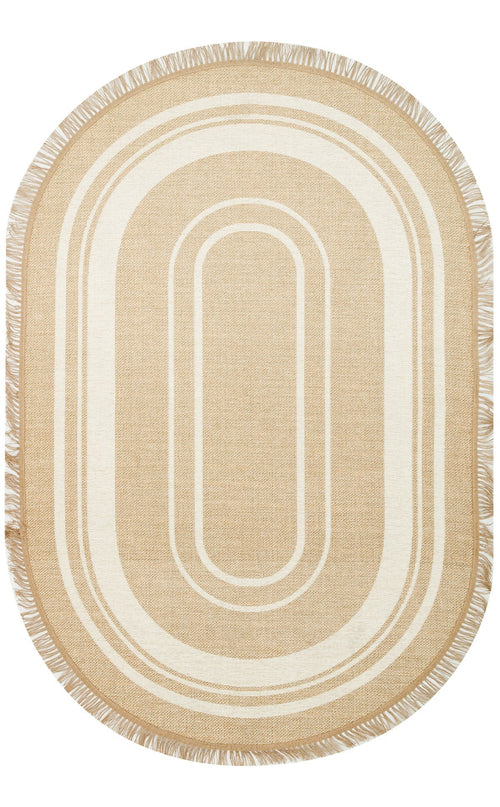 Oval Cotton Kilim - Modern Striped Cream Rug | Non Slip Flatweave Carpet
