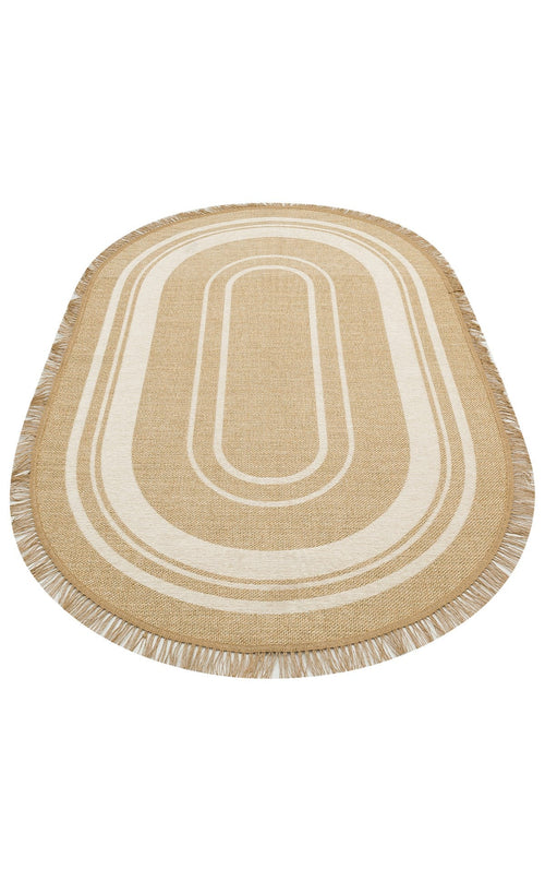 Oval Cotton Kilim - Modern Striped Cream Rug | Non Slip Flatweave Carpet