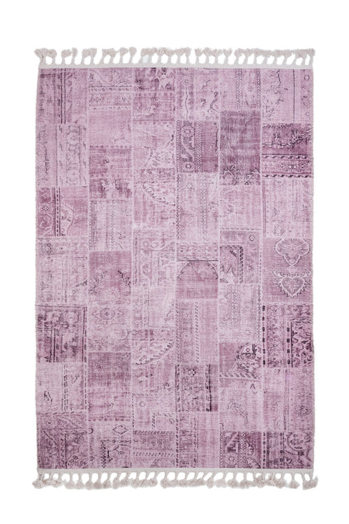 Pink Patchwork Area Rug - Cotton Chenille Digital Print Carpet for Living Room