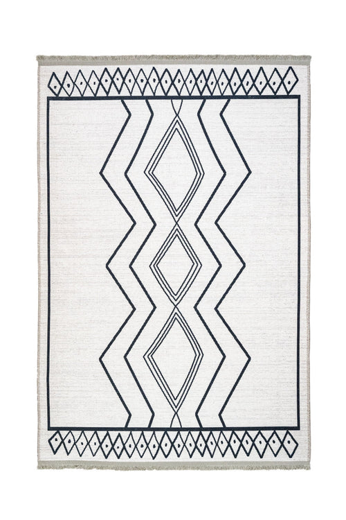 Geometric Cotton Rug – White Chenille Area Rug with Digital Print Design
