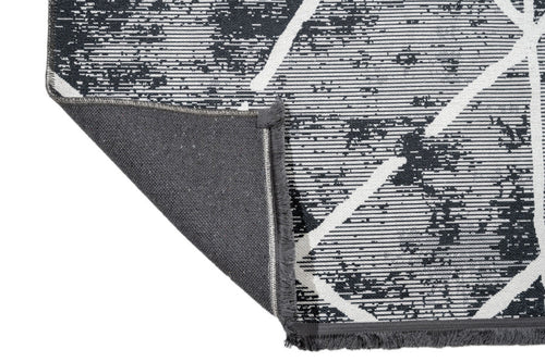 Geometric Area Rug - Black Grey Cotton Chenille Digital Print Carpet for Living Room